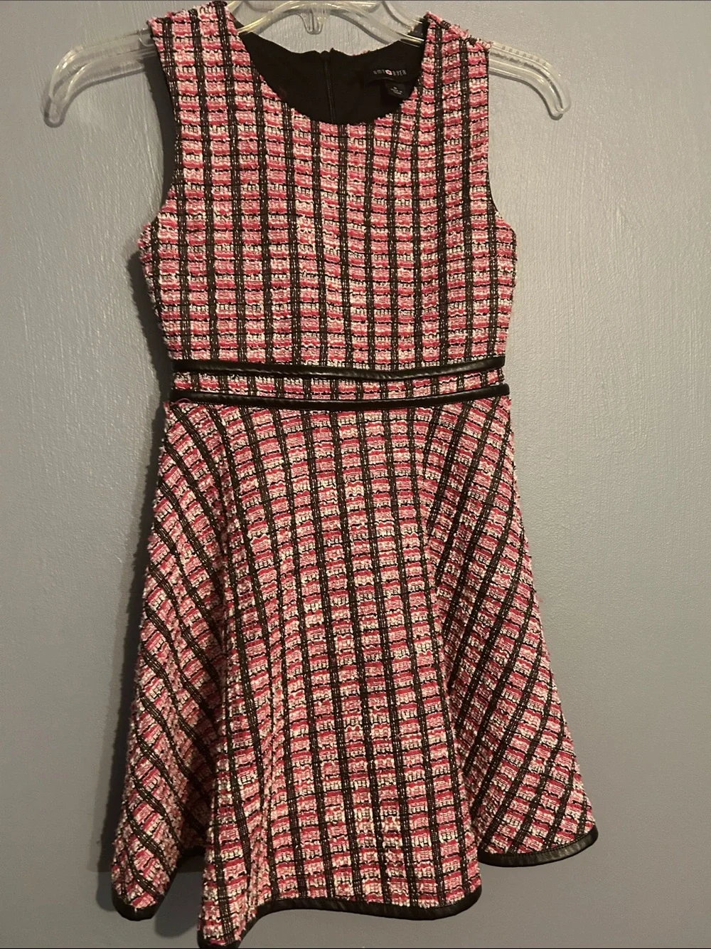 Amy Byer Pink and Black Check Tweed Fit & Flare Dress